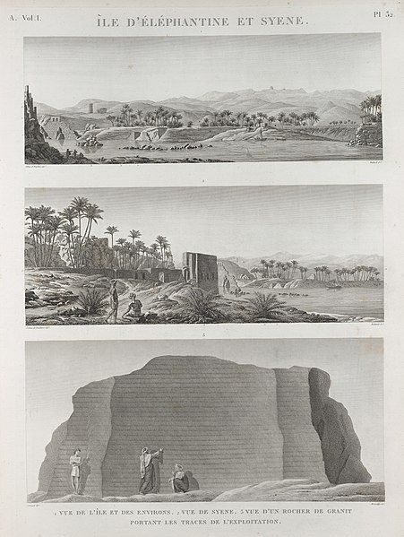 Pl.32 - 1. Vue de l'île et des environs 2. Vue de Syène 3. Vue d'un rocher de granit portant les traces de l'exploitation