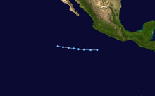 A map of the short, straight, westward track of a tropical depression off the Pacific coast of Mexico