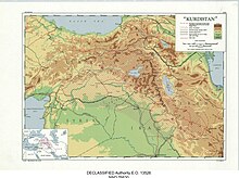1946 CIA map of Kurdistan, showing northern Syria within "ethnic Kurdistan" with diagonal red lines, while showing part of Al-Hasakah Governorate and part of Aleppo Governorate within the "boundary of the proposed Kurdish state submitted to the UN by the Kurdish Rizgari Party". 1948 Kurdistan by the CIA.jpg
