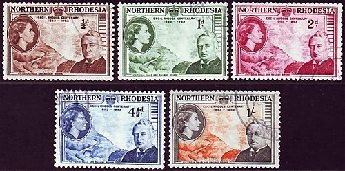 1953 stamps of Northern Rhodesia marking the birth centennial of Cecil Rhodes. 1953 stamps of Northern Rhodesia.jpg