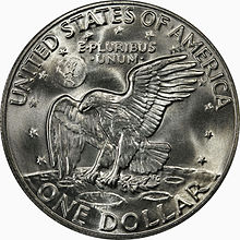 In the 1970s the reverse of the Eisenhower dollar celebrated America's Moon landings, which began 11 years after NASA was created during Eisenhower's presidency 1974S Eisenhower Reverse.jpg