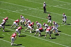 American football players in motion during a play.