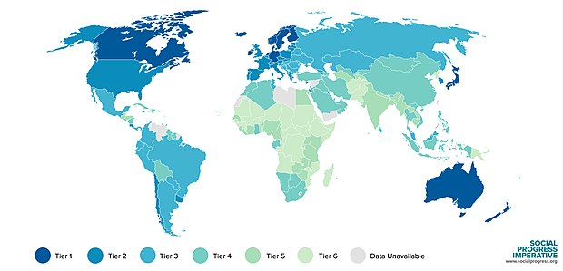 Map showing social and environmental progress of countries by their score according to the 2020 Social Progress Index