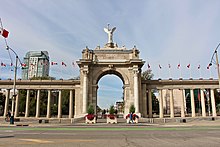 Completed in 1927, Princes' Gates is a neoclassical triumphal arch located at the eastern end of Exhibition Place. 2020-09-12 Princes Gates 001.jpg