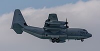 A United States Marine Corps KC-130J, registration number 169535, on final approach at Kadena Air Base in Okinawa, Japan. The aircraft belongs to VMGR-152 at Marine Corps Air Station Iwakuni.