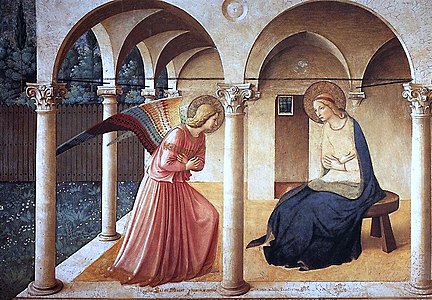 Anunciación, de Fra Angelico, transición del Gótico al Renacimiento. Efectos volumétricos de sombreado y sutil tratamiento del paso de la luz natural a un interior.