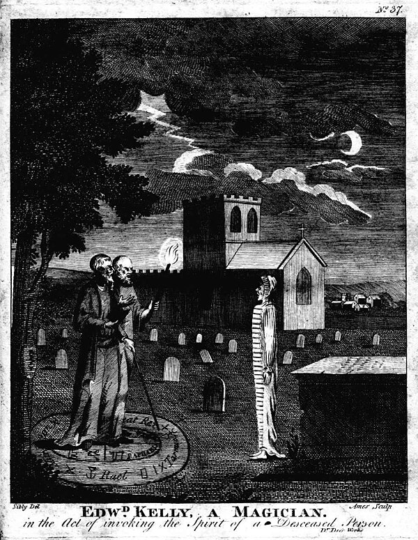 John Dee and Edward Kelley invoking the spirit of a deceased person (engraving from the Astrology by Ebenezer Sibly, 1806)