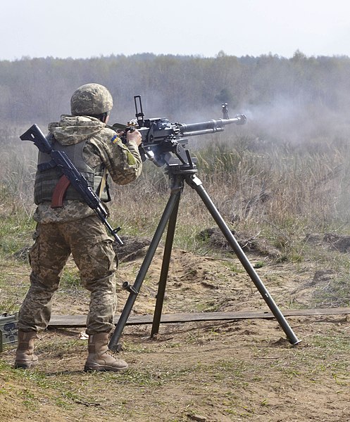 A Ukrainian Ground Forces soldier firing the DShKM in heavy role.