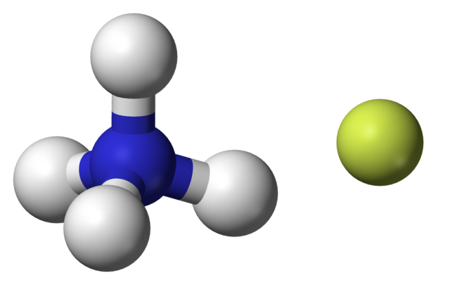 ball-and-stick model of an ammonium cation (left) and a fluoride anion (right)