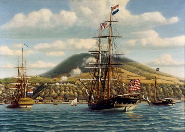 Andrew Doria receives a salute from the Dutch fort at Sint Eustatius, 16 November 1776.