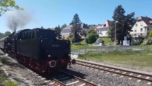 File: Arrival of historic diesel locomotives (212 372-7 and 218-460-4) as well as departure of a historic steam locomotive (052 988-5) in the station Tauberbischofsheim, Taubertalbahn.webm