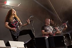 Annihilator at Rockharz Open Air 2016 in Germany. From left to right: Rich Hinks, Jeff Waters, and Aaron Homma.