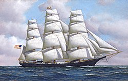 The Flying Cloud under full sail (painting by Antonio Jacobsen, 1913)