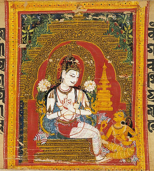 An illustration in a manuscript of the Aṣṭasāhasrikā Prajñāpāramitā Sūtra from Nalanda, depicting the bodhisattva Maitreya, an important figure in Mah
