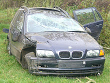 A severely damaged automobile with repair costs greatly exceeding its value BMW - Write-off - 20-10-2006.JPG