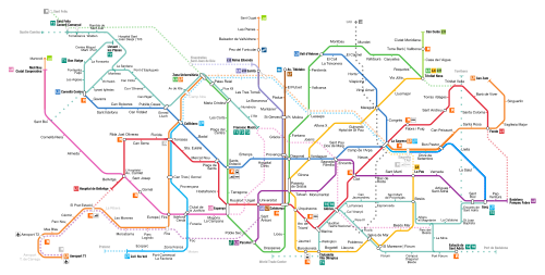 A colour-coded schematic map of the Barcelona Metro network.