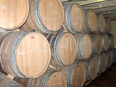 Wine barrel ageing of lambic beer at Hanssens Artisanaal in Dworp, Belgium. The barrels are from Lafitte in Bordeaux Barrels.jpg