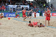 Deutsch: Beachhandball Europameisterschaften 2019 (Beach handball Euro); Tag 6: 7. Juli 2019 – Spiel um Platz Drei, Männer, Ungarn-Russland 2:0 (26:20, 23:22) English: Beach handball Euro; Day 6: 7 July 2019 – Men's Bronze Medal Match – Hungary-Russia 2:0 (26:20, 23:22)