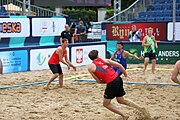 Deutsch: Beachhandball Europameisterschaften 2019 (Beach handball Euro); Tag 5: 6. Juli 2019 – Männer, Halbfinale, Dänemark-Ungarn 2:0 (19:16, 22:18) English: Beach handball Euro; Day 5: 6 July 2019 – Semifinal Men – Denmark-Ukraie 2:0 (19:16, 22:18)