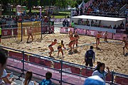 Deutsch: Beachhandball bei den Olympischen Jugendspielen 2018; Tag 3, 10. Oktober 2018; Mädchen, Vorrunde, Gruppe B - Niederlande-Argentinien 2:0 English: Beach handball at the 2018 Summer Youth Olympics at 10 October 2018 – Girls Preliminary Round Group B‎ – Netherlands-Argentina 2:0