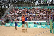 Deutsch: Beachvolleyball bei den Olympischen Jugendspielen 2018; Tag 11, 17. Oktober 2018; Jungen,Finale – Niederlande (Matthew Immers/Yorick de Groot)-Schweden (David Åhman/Jonatan Hellvig) 0:2 (20–22/15–21) English: Beach volleyball at the 2018 Summer Youth Olympics at 17 October 2018 – Final – Netherlands (Matthew Immers/Yorick de Groot)-Sweden (David Åhman/Jonatan Hellvig) 0:2 (20–22/15–21)