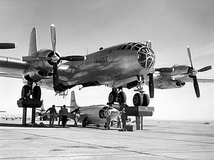 Bell X-1-3, aircraft #46-064, being mated to the B-50 mothership for a captive flight test on 9 November 1951. While being de-fueled after this flight it exploded, destroying itself and the B-50, and seriously burning Joe Cannon. X-1-3 had completed only a single glide-flight on 20 July.[28]
