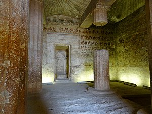 Interior hall of the rock-cut tomb of Amenemhat, Tomb 2 (BH2), Beni Hasan, Egypt, unknown architect, c.1900 BC[36]