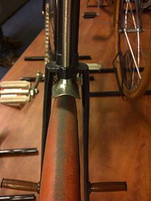 Spoon brake on antique Peugeot 'open diamond' frame 'Le Lion model B' at the Batavus Museum in Heerenveen, Netherlands Bicycle spoon brake.jpg