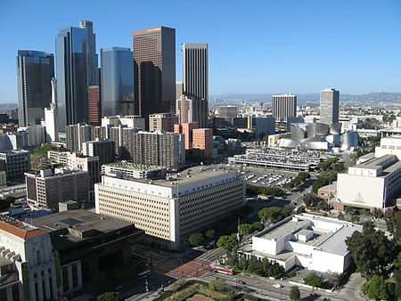 Downtown Los Angeles, county seat of Los Angeles County, California, the most populous county in the United States. County buildings and the civic center, pictured at the bottom right.