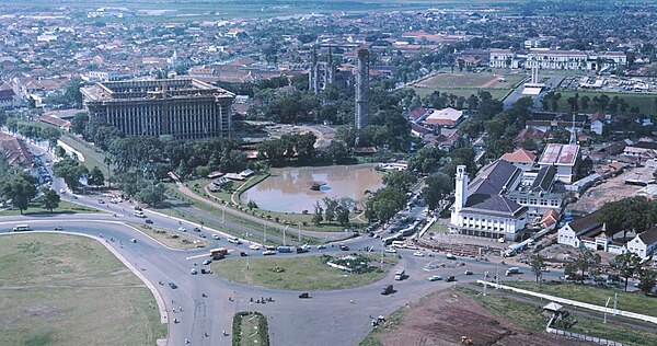 View of Central Jakarta to the northeast from the National Monument, c. 1970s. Istiqlal Mosque was being built in front of already standing Jakarta Ca