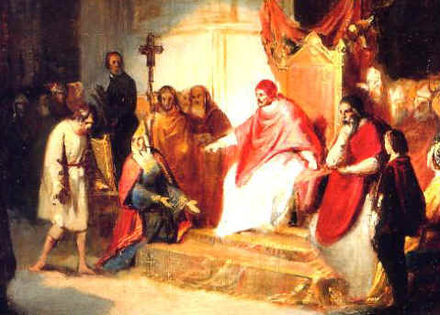 Henry IV begging forgiveness of Pope Gregory VII at Canossa, the castle of the Countess Matilda, 1077