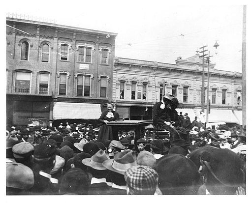 Temperance and prohibition rally with Carrie Nation in Ann Arbor, May 3, 1902 --- the mob cheers for a State Street hatchet job but hey, who "axed" that woman to come here, anyway? (1811490489)