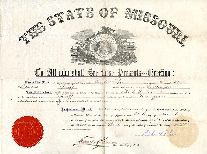 File:Certificate from the State of Missouri stating that Erich Pape was elected Sheriff of Bollinger County, signed Tho. (Thomas) C. Fletcher, December 21, 1868.jpg