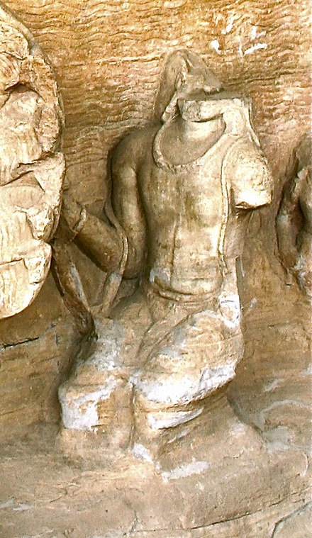 Probable image of Chandragupta II, paying homage to Varaha, avatar of Vishnu, in Udayagiri Caves, circa 400.[40]