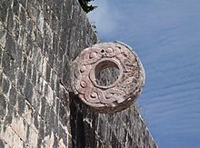 A ring at Chichen Itza. This ring was set some 6 meters (20 feet) above the playing alley, making it extremely difficult to pass the heavy ball through the hole. Chichen Itza Goal.jpg