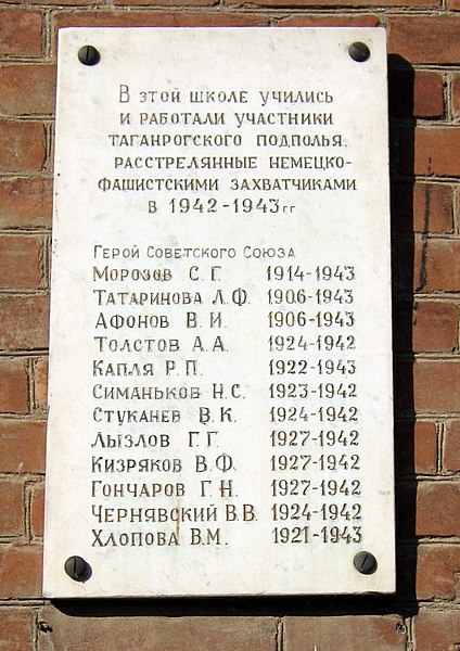 File:Commemorative plaque to Taganrog underground resistance movement.jpg