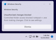 Snímek obrazovky s oznámením zobrazující Microsoft Defender zablokoval přístup do chráněné složky.