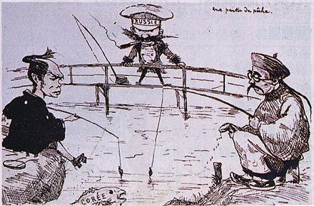 ビゴーの風刺画: 1887年: 朝鮮という魚を釣ろうと競う日本と清国、漁夫の利を得ようと様子見のロシア