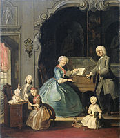 Family group at a harpsichord label QS:Len,"Family group at a harpsichord" label QS:Lpl,"Grupa rodzinna przy klawesynie" label QS:Lnl,"Familiegroep bij een clavecimbel" 1739. oil on canvas medium QS:P186,Q296955;P186,Q12321255,P518,Q861259 . 94 × 82.5 cm (37 × 32.4 in). Enschede, Rijksmuseum Twenthe.