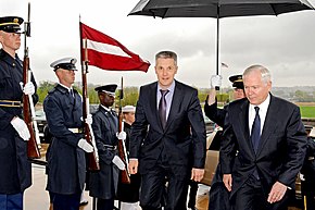 In April 2011, Pabriks met with U.S. Defense Secretary Robert Gates at the Pentagon. Defense.gov News Photo 110413-D-WQ296-016 - Secretary of Defense Robert M. Gates escorts Latvian Minister of Defense Artis Pabriks left through an honor cordon and into the Pentagon for.jpg