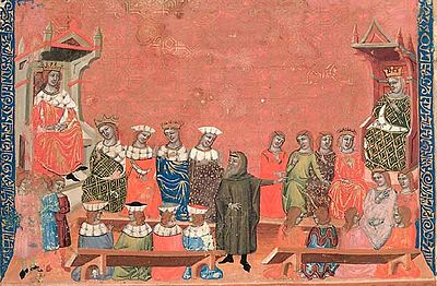 Svatopluk I disguised as a monk in the court of Arnulf, King of East Francia (from the 14th-century Chronicle of Dalimil)
