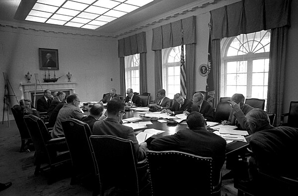 EXCOMM meeting in the White House Cabinet Room during the Cuban Missile Crisis on October 29, 1962