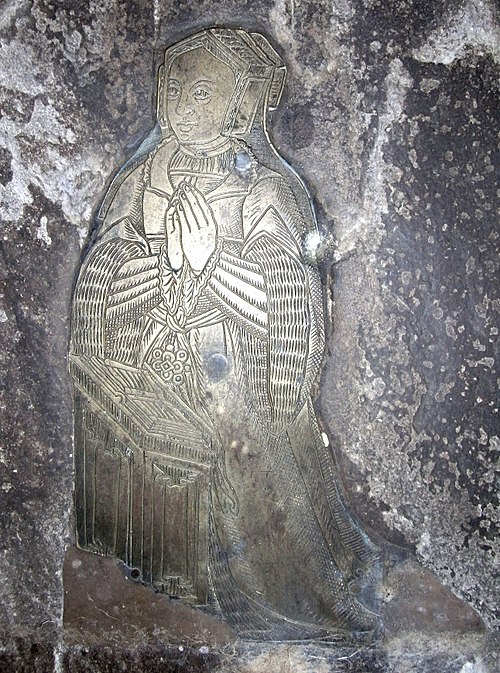 Small monumental brass (c. one ft high) in St Brannock's Church, Braunton, Devon, of Lady Elizabeth Bourchier (died 1548), daughter of John Bourchier,