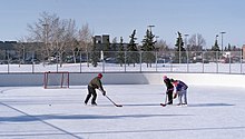 Ice hockey has been a popular outdoor winter pastime in Canada for over a century Empire Park Hockey (8581733524).jpg