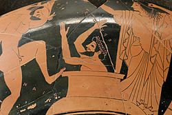 Евристей се крие в гърне, когато Херкулес му носи Еримантския глиган (червенофигурна вазопис, ок. 510 пр.н.е., Лувър)