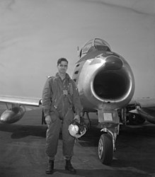 F/L E. A. Glover was attached to the United States Air Force during the Korean War and was the leading Canadian scorer, having destroyed three MiG-15s. He won the Commonwealth DFC and the American DFC. Flight Lieutenant E.A.Glover RCAF.jpg