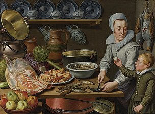 "Кухонний натюрморт із покоївкою та хлопчиком, який показує м'яч", Флоріс ван Шутен