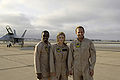Jamie Foxx, Jessica Biel and Josh Lucas pose near an F/A-18F Super Hornet after arriving on board Naval Air Station North Island July 17, 2005