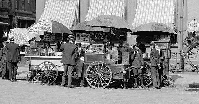 The presence of street food vendors in New York City throughout much of its history, such as these c. 1906, are credited with helping support the city