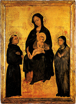Gentiyadagi Gentile da fabriano, Saint Francis va Santa Chiara.jpg o'rtasida Madonna